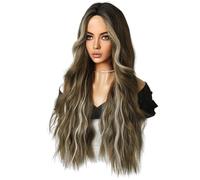 Louttary Femme Cheveux Longs Bouclés Frange Ondulation D'Eau Perruque en Fibres Chimiques Perruque Longue Bouclée Marron Beige Teint 72 cm