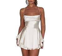 LouVasabuce Robe courte sexy dos nu en satin avec col bénitier et bretelles spaghetti, champagne, Taille S