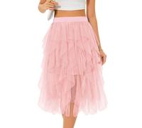 Lovasy Jupe en Tulle Femme Mi Longue Robe Tutu Irrégulier Superposée A-Line Élastique Taille Jupe Tutu 3 Couches pour Carnaval Halloween Daily Prom Party Thé,A-Rose Clair,S/M