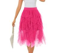 Lovasy Jupe en Tulle Femme Mi Longue Robe Tutu Irrégulier Superposée A-Line Élastique Taille Jupe Tutu 3 Couches pour Carnaval Halloween Daily Prom Party Thé,A-Fuchsia,S/M