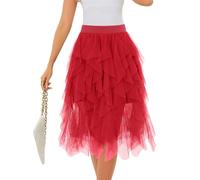 Lovasy Jupe en Tulle Femme Mi Longue Robe Tutu Irrégulier Superposée A-Line Élastique Taille Jupe Tutu 3 Couches pour Carnaval Halloween Daily Prom Party Thé,A-Rouge,2XL/3XL