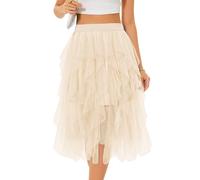 Lovasy Jupe en Tulle Femme Mi Longue Robe Tutu Irrégulier Superposée A-Line Élastique Taille Jupe Tutu 3 Couches pour Carnaval Halloween Daily Prom Party Thé,A-Beige,S/M