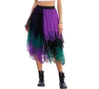 Lovasy Jupe Tulle Femme Mi Longue Jupe Tutu Asymétrique A-Line Taille Haute Élastique Robe Tutu pour Carnaval Halloween Daily Prom Party,A-Violet/Vert,L/XL