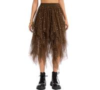 Lovasy Jupe Tulle Femme Paillette Robe Longue Tutu Irrégulier Superposée Jupes Plissée A-Line Elastique Taille Jupe Tutu Midi Noir Rose pour Carnaval Halloween Daily Prom Party Thé