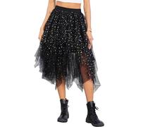 Lovasy Jupe Tulle Femme Paillette Robe Longue Tutu Irrégulier Superposée Jupes Plissée A-Line Élastique Taille Jupe Tutu Midi Noir Rose pour Carnaval Halloween Daily Prom Party Thé,A-Noir,XXL/3XL