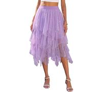 Lovasy Jupe Tulle Femme Paillette Robe Longue Tutu Irrégulier Superposée Jupes Plissée A-Line Élastique Taille Jupe Tutu Midi Noir Rose pour Carnaval Halloween Daily Prom Party Thé,A-Violet,S/M