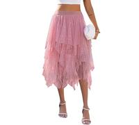 Lovasy Jupe Tulle Femme Paillette Robe Longue Tutu Irrégulier Superposée Jupes Plissée A-Line Élastique Taille Jupe Tutu Midi Noir Rose pour Carnaval Halloween Daily Prom Party Thé,A-Rose,XXL/3XL
