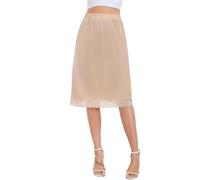 Lovasy Jupon Femme Longue Satin Jupon sous Robe en Dentelle Fond de Jupe sous-Vêtements Invisible et Antistatique Demi-Jupe Taille Élastique pour Robe Transparente,A-Beige,XXL