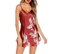Lovasy Nuisette Femme Satin Sexy Spaghetti Chemise de Nuit Courte Bretelles Reglables Robe de Nuit Col V Impression de Grue,Rouge Fonce, XXL
