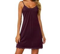 Lovasy Nuisette Sexy Femme Court Chemise de Nuit Cotton en Dentelle Légère Babydoll Grande Taille Bretelles Spaghetti Reglables Fond de Robe Col en V sans Manches,A-Jujube Rouge,XXL