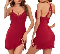 Lovasy Nuisette Sexy Femme en Dentelle Court Chemise de Nuit en Cotton Bretelles Spaghetti Reglables Babydoll Grande Taille Sensuelle Col en V sans Manches,B Rouge,S