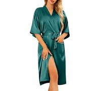 Lovasy Peignoir Satin Femme Robes de Chambre et Kimonos de Mariée Robes de Chambre Soie Court Kimono Col V avec Ceinture B Vert encre M