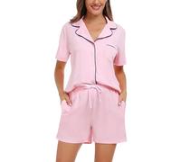 Lovasy Pyjama Coton Femme Short Ensemble Pyjamas Légers Col V Manches Courtes Chic Été 2 Pièces Vêtements de Nuit Court Boutonnée A Rose Clair XXL