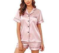 Lovasy Pyjama Satin Femme Short Ensemble Pijamas à Manches Courtes Chemises de Nuit Sexy Chic Été 2 Pièces Vêtements de Nuit en Soie Boutonnée,Rose Chair XXL