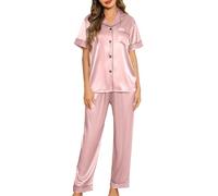 Lovasy Pyjama Satin Femme Short Ensemble Pyjamas Manches Courtes Chemises de Nuit Sexy Chic Ete 2 Pièces Vêtements de Nuit en Soie Boutonnée, Y-Rose Chair M