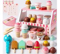 Lovchil Glacier en Bois pour Enfant, Glaciere Jouet avec Stand de Glace, Aliments en Bois, Aliments à Jouer, Jeu de Rôle Éducatif, Montessori, Cadeau pour garçons et Filles de 3 4 5 6 7 Ans