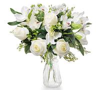 Love Bloom Fleur Artificielle avec Vase en Verre - Fleurs Artificielles de Roses en Soie et Orchidées avec Ruban en Satin - pour Mariage, Décoration Intérieure, Bureau, Centre de Table & Fête