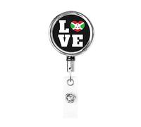 Love Burundi Drapeau Burundais Coeur Porte-badge en métal robuste, porte-badge rétractable avec clip de ceinture pour porte-cartes nominatives Employé Enseignant