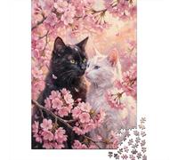 Love Cats Couple in Cherry Blossoms Puzzle pour Adultes, 1000 Pièces, 70x50cm/1000pcs, Loisir De Table pour La Famille; Pièces Blanches Faciles À Trier