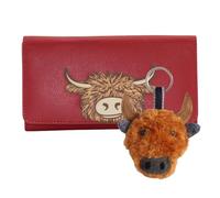 Love EMVY Gift Packed Ltd Coffret cadeau porte-monnaie et porte-clés en cuir Motif vache Highland avec fenêtre pour carte d'identité et poches pour pièces de monnaie, Rouge, Taille unique