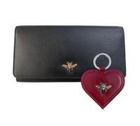 Love EMVY Leather Bee Coffret cadeau - Sac à main en cuir véritable noir et porte-clés abeille rouge - Coffret cadeau avec ruban et étiquette - Cadeau élégant pour elle - Protection RFID, Coffret