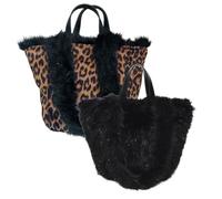 Love EMVY Sac fourre-tout réversible Leopard Teddy - Finition brillante - Super doux - 30 × 29 × 15 cm (H × l × P) - Sac à main d'hiver 2 en 1, Noir , 30 x 29 x 15 Cm