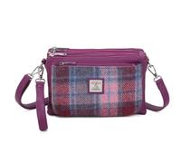 Love EMVY Signature Tartan Tweed Collection Sac à bandoulière - Tissu en laine Harris Tweed véritable - 3 compartiments zippés, sangle réglable - 27 × 19 × 9 cm, améthyste, 27 X 19 x 5 Centimeters