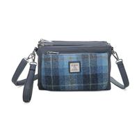 Love EMVY Signature Tartan Tweed Collection Sac à bandoulière - Tissu en laine Harris Tweed véritable - 3 compartiments zippés, sangle réglable - 27 × 19 × 9 cm, bleu acier, 27 X 19 x 5 Centimeters