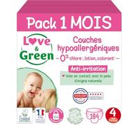 Love & Green - Couches Bébé Saines et Ecologiques - Taille 4 (7-14 Kg) - Pack 1 Mois (184 Couches) - Absorbante, anti-fuites et sans ingrédients indésirables