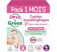 Love & Green - Couches Bébé Saines et Ecologiques - Taille 4+ (9-20 kg) - Pack 1 Mois (168 Couches) - Absorbante, anti-fuites et sans ingrédients indésirables