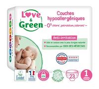 Love & Green - Couches Bébé Saines et Ecologiques - Taille 1 (2-5 kg) - 23 couches - Absorbante, anti-fuites et sans ingrédients indésirables
