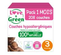 LOVE & GREEN Couches pour Bébé Écologiques Hypoallergéniques Taille 3 4-9 kg - Pack Mensuel de 4 (208 Couches au Total)