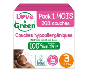 LOVE & GREEN Couches pour Bébé Écologiques Hypoallergéniques Taille 3 4-9 kg - Pack Mensuel de 4 (208 Couches au Total)