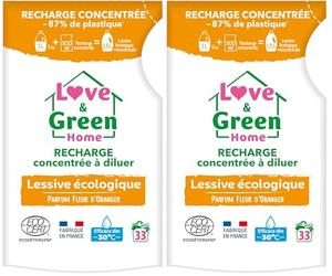 Love & Green Home Recharge concentrée à diluer de lessive écologique parfum fleur d'oranger. Certifiée Ecodétergent par Ecocert - Fabriquée en France - 500ml pour reconstituer 1,5L de lessive.