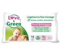 Love & Green Lingettes à la Fleur d'Oranger Saines et Ecologiques - Paquet de 64 Lingettes - Certifiée Cosmo Natural par ECOCERT et FSC - Emballage recyclable