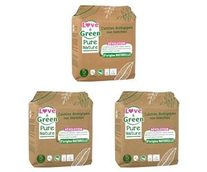 Love & Green Pure Nature - Culottes écologiques non blanchies - Certifiées Ecolabel - Taille 5 (12 à 18 kilos) x 18 (Lot de 3)