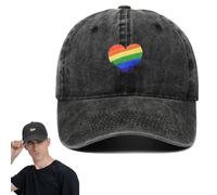 Love Heart Casquette de Baseball Réglable,Casquette de fierté arc-en-ciel en denim noir avec cœur coloré - Unisex, Taille unique, Design subtil et élégant