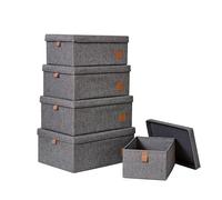 LOVE IT STORE IT - Lot de 5 Boîtes de Rangement Pliables en Tissu Lin avec Couvercle, Poignées en Cuir, Renforcées en Bois - Gris Chiné