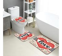 Love - Lot de 3 tapis de salle de bain en flanelle à motif romantique de cœur, absorbants, antidérapants, lavables en forme de U, typographie moderne, séchage rapide
