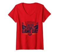 Love Me Like You Love Game Day Fan Passion T-Shirt avec Col en V, Femme, Rouge, M