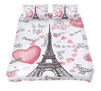 Love Paris Parure de lit 3 pièces avec Housse de Couette 150 x 200 cm Motif Tour Eiffel et cœurs, Multicolore, Twin 59 x 79/19 x 29 in