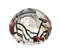 Love Paris Tour Café Vin Parfum Vélo Coeur Imprimé Bonnet de Douche pour Femme Léger Réutilisable Souple Double Couche Imperméable Anti-fuite