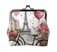 Love Paris Tour Café Vin Parfum Vélo Coeur Imprimé Porte-monnaie Compact 11,5 x 10,5 cm Joli Mini Portefeuille avec Kiss Lock Pochette Étanche