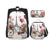 Love Paris Tower Sac à dos léger avec sac à déjeuner isotherme et trousse à crayons Motif cœur, noir, One Size