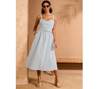 Love & Roses Love & Roses Blue Stripe Strappy Fit and Flared Denim Belted Midi Dress Blue Stripe EU 42 (UK 14)