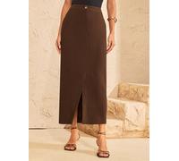 Love & Roses Love & Roses Chocolate Brown Linen Look Midi Skirt With Gold Starfish Button Chocolate Brown EU 44 (UK 16)