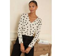 Love & Roses Love & Roses Ivory and Black Spot Print Scallop V-Neck Long Sleeve Jersey Top