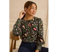 Love & Roses Love & Roses Khaki Green Animal Button Detail Pleated Crew Neck Blouse
