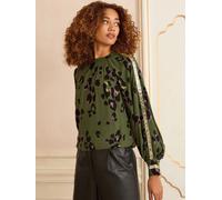 Love & Roses Love & Roses Khaki Green Animal Crew Neck Long Sleeve Sequin Trim Blouse