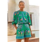 Love & Roses V & A I Love & Roses Green Floral 100% Cotton VA 3/4 Sleeve Crew Neck Floral Printed Blouse